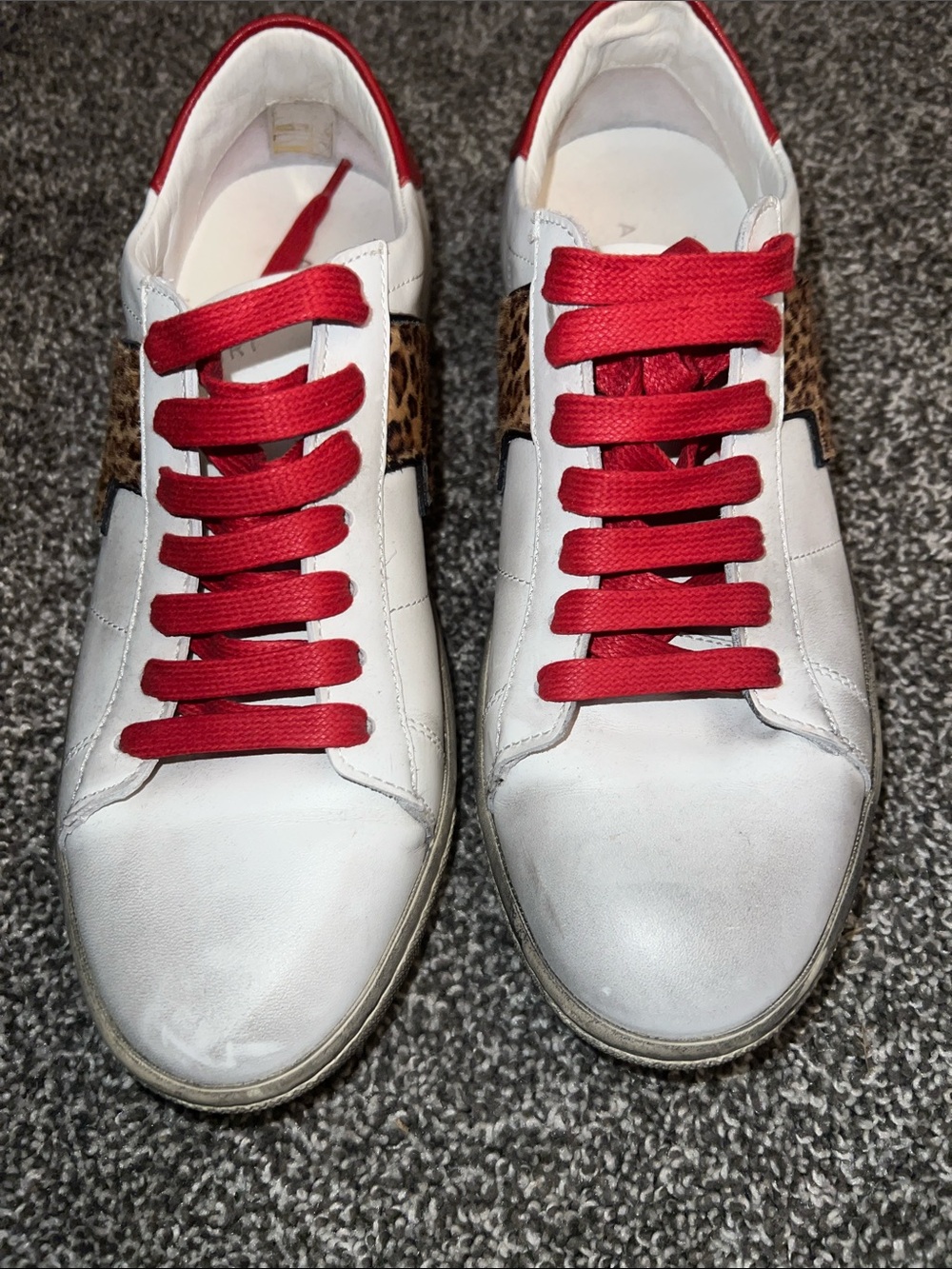 AMIRI White Leather Sneakers with Red Laces and Leopard Side Panel